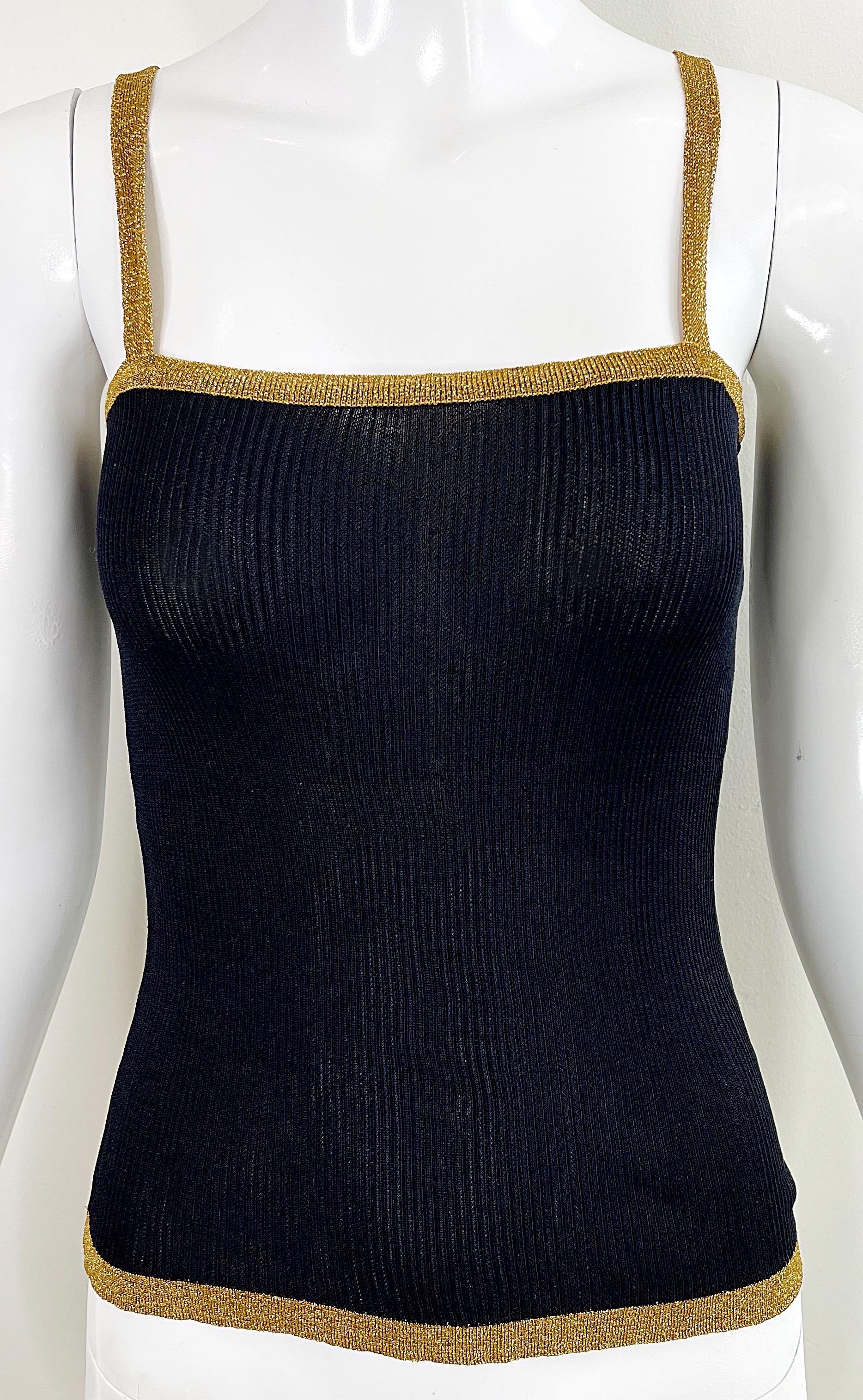 1970s YSL Yves Saint Laurent Black + Gold Silk Knit Metallic 70s Disco Top Shirt 4
