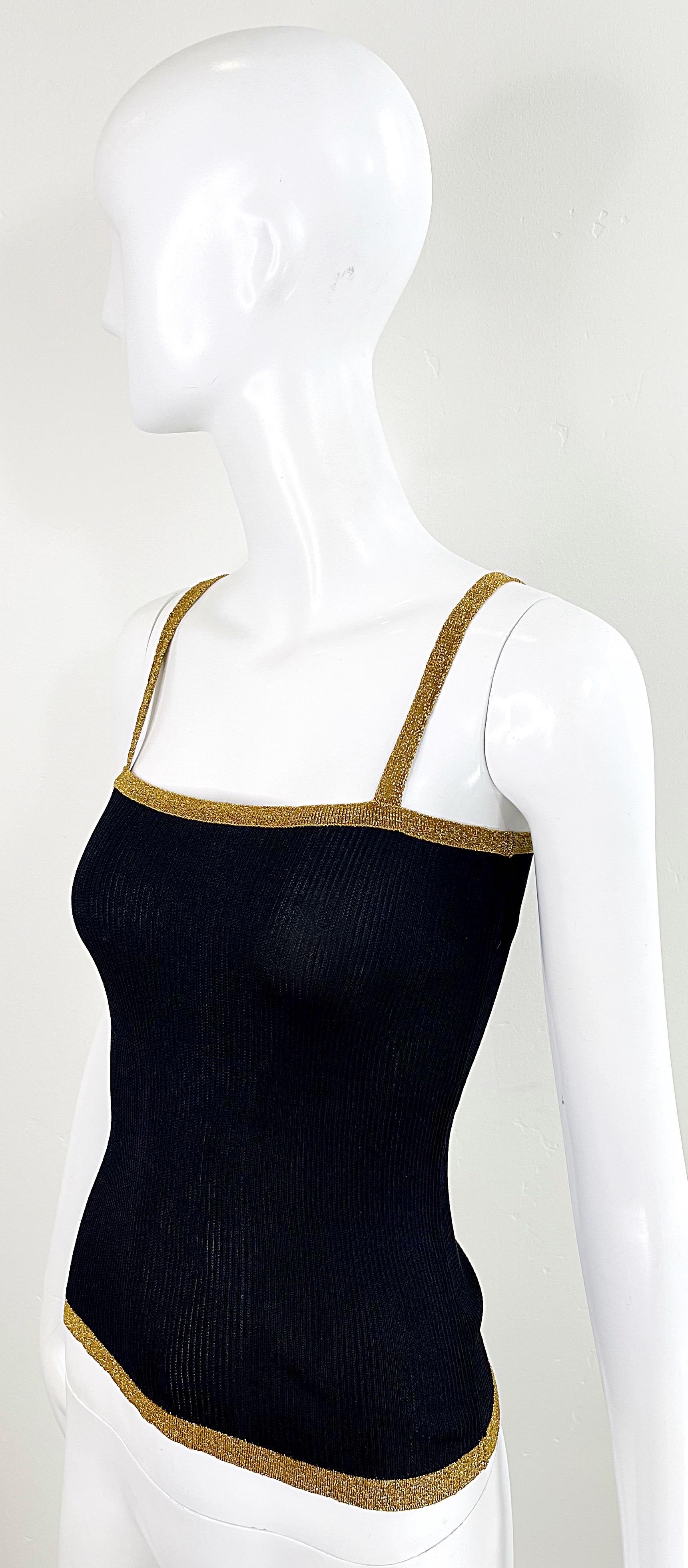 1970s YSL Yves Saint Laurent Black + Gold Silk Knit Metallic 70s Disco Top Shirt 5