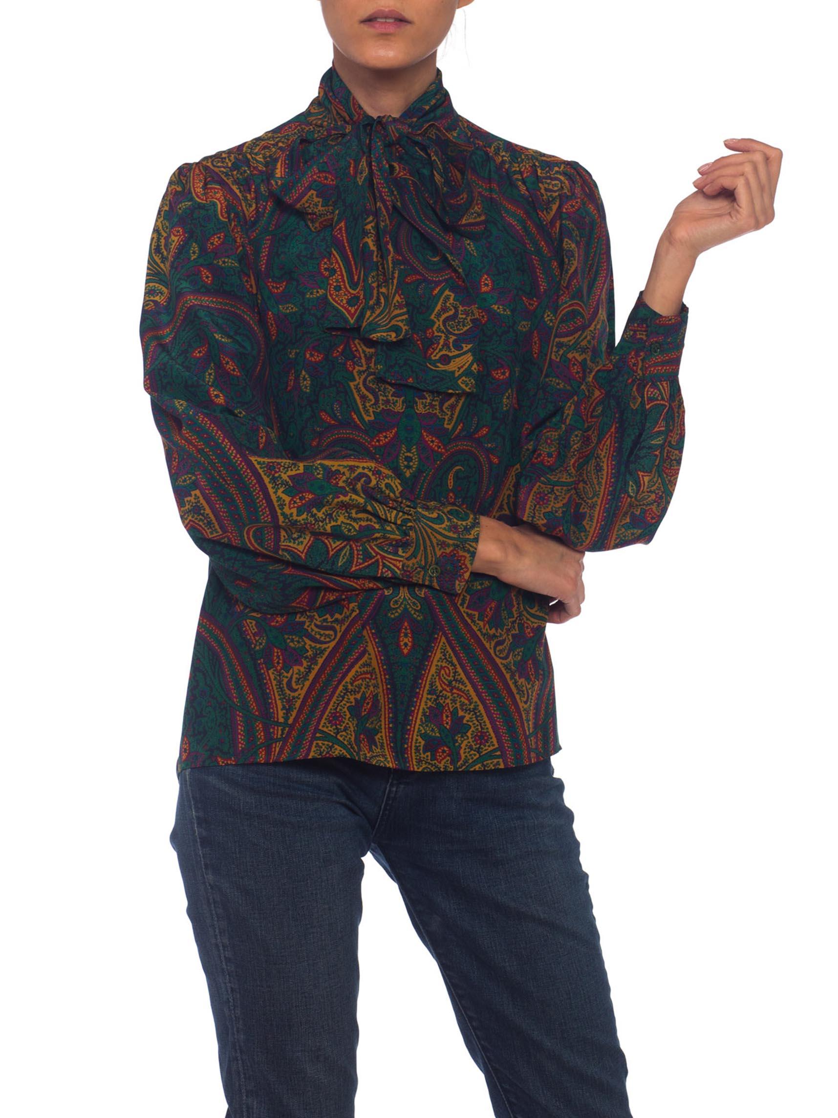 1970S YVES SAINT LAURENT Silk YSL Paisley Bow Neck Blouse In Excellent Condition For Sale In New York, NY
