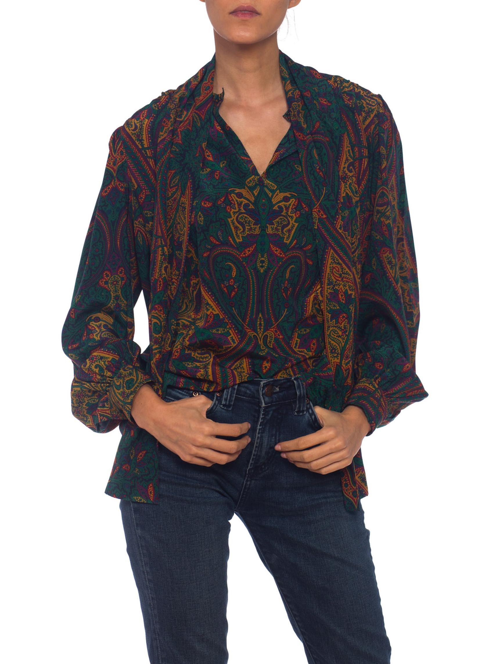 Women's 1970S YVES SAINT LAURENT Silk YSL Paisley Bow Neck Blouse For Sale