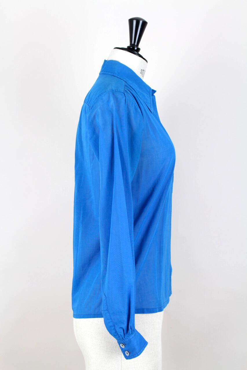 Women's 1970s YSL Yves Saint Laurent Azure Blue Slightly Transparent Cotton Shirt Blouse