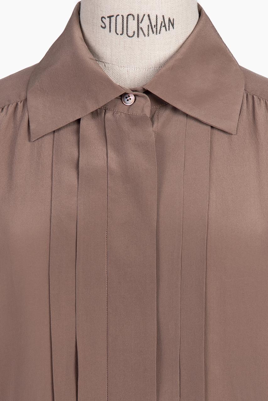 Brown 1970s YSL Yves Saint Laurent Taupe Silk Top Pleated Front & Back For Sale