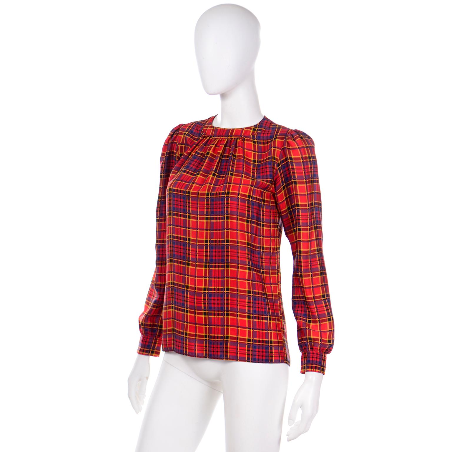 1970s YSL Yves Saint Laurent Vintage Red Blue & Yellow Plaid Silk Blouse In Excellent Condition For Sale In Portland, OR