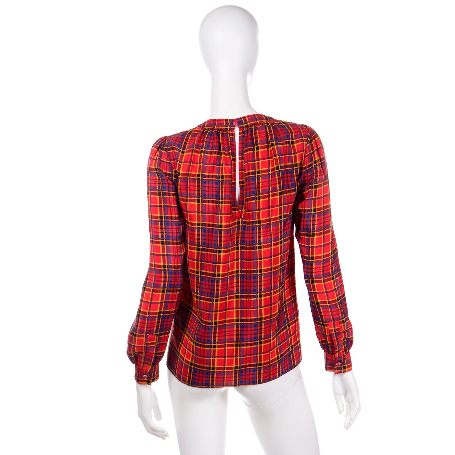 Women's 1970s YSL Yves Saint Laurent Vintage Red Blue & Yellow Plaid Silk Blouse For Sale