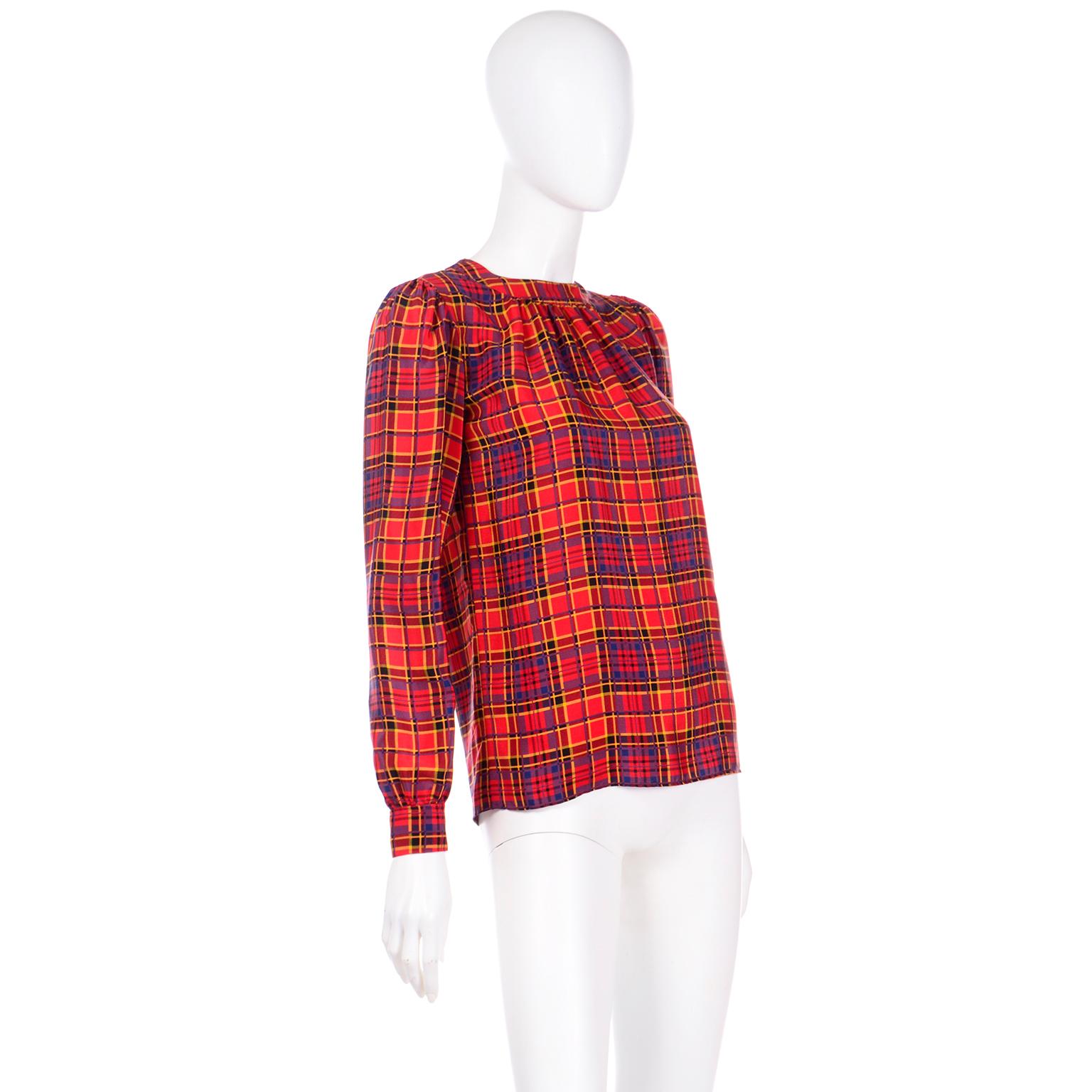 1970s YSL Yves Saint Laurent Vintage Red Blue & Yellow Plaid Silk Blouse For Sale 1