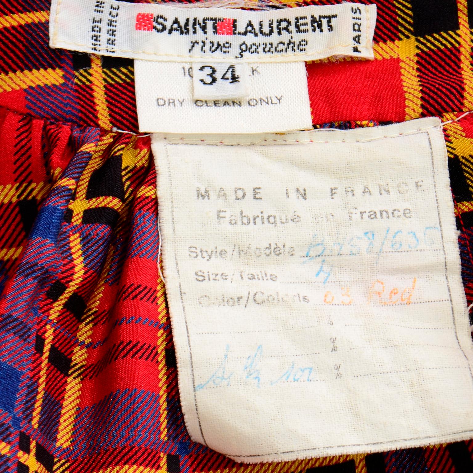 1970s YSL Yves Saint Laurent Vintage Red Blue & Yellow Plaid Silk Blouse For Sale 3