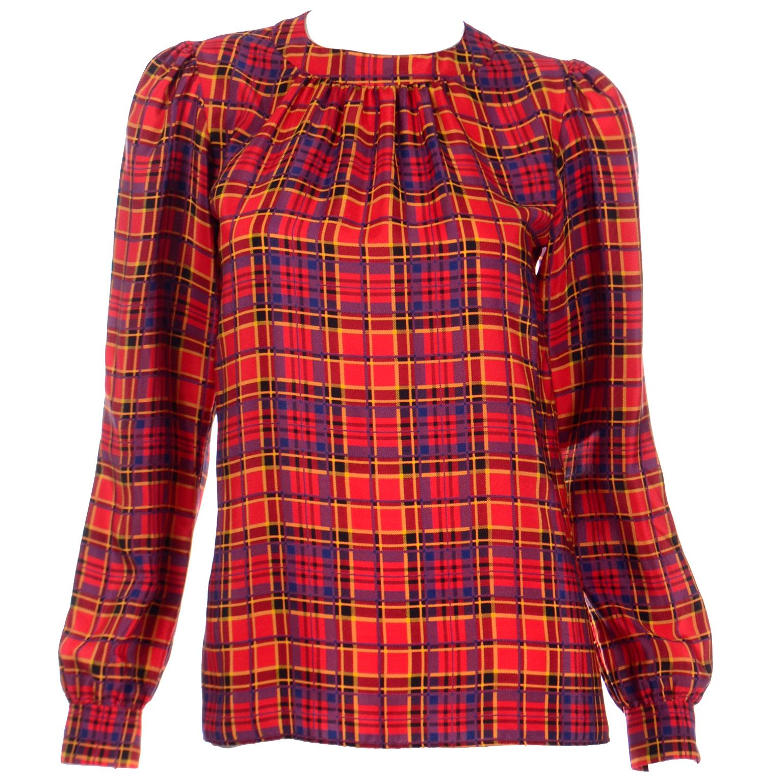 1970s YSL Yves Saint Laurent Vintage Red Blue & Yellow Plaid Silk Blouse For Sale 4