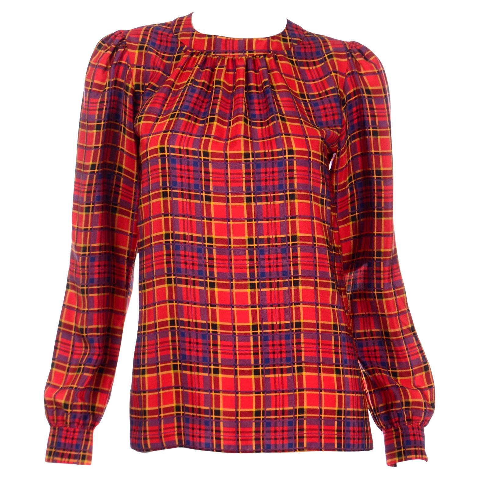 1970s YSL Yves Saint Laurent Vintage Red Blue & Yellow Plaid Silk Blouse For Sale