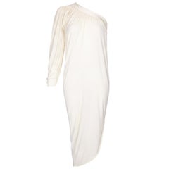 1970s Yuki Couture Asymmetrical Cream Silk Jersey Dress 