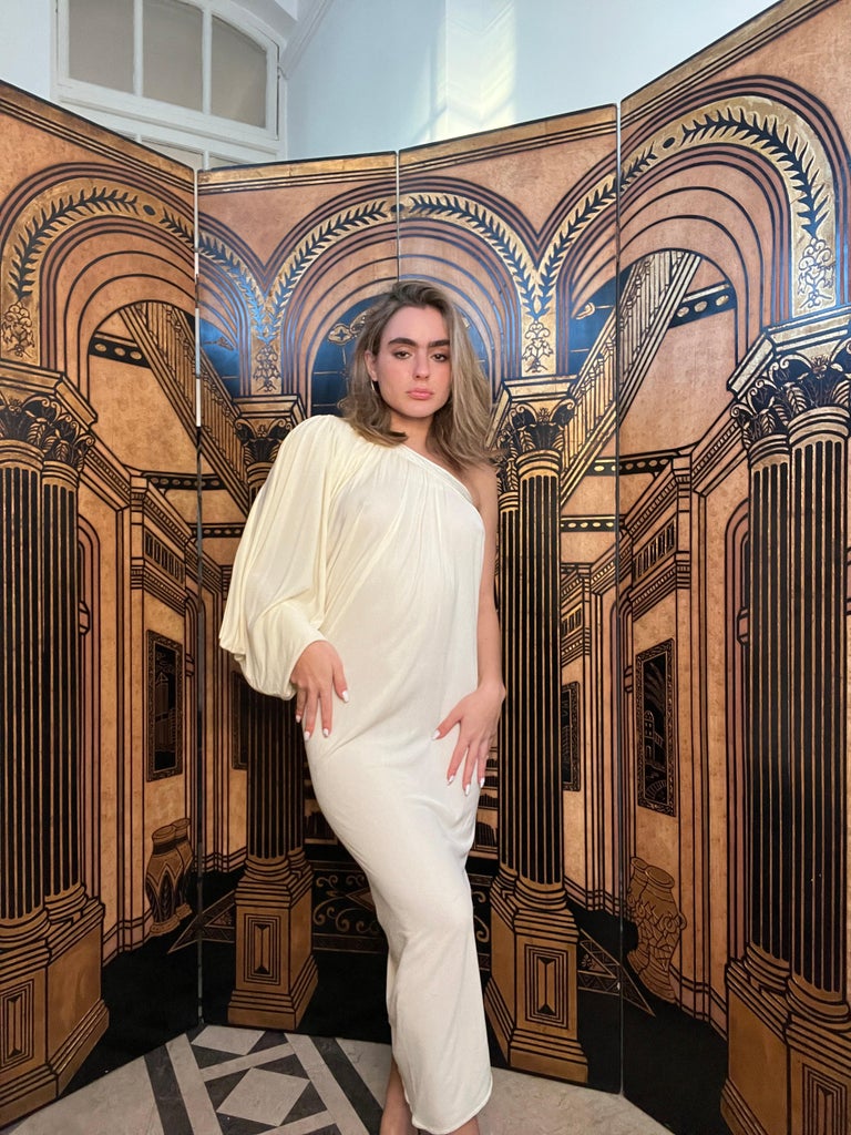 1970s Yuki Couture Cream Silk Jersey Dress