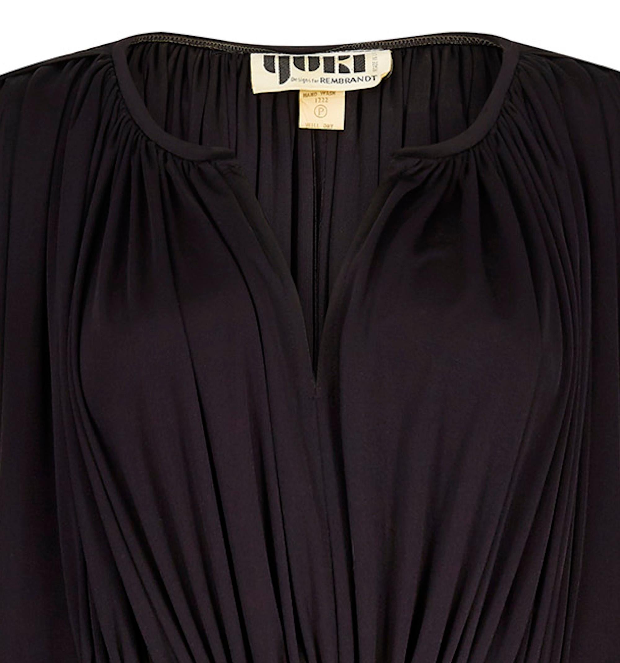 Women's 1970s Yuki For Rembrandt Draped Black Jersey Dress With Gathered Waistline