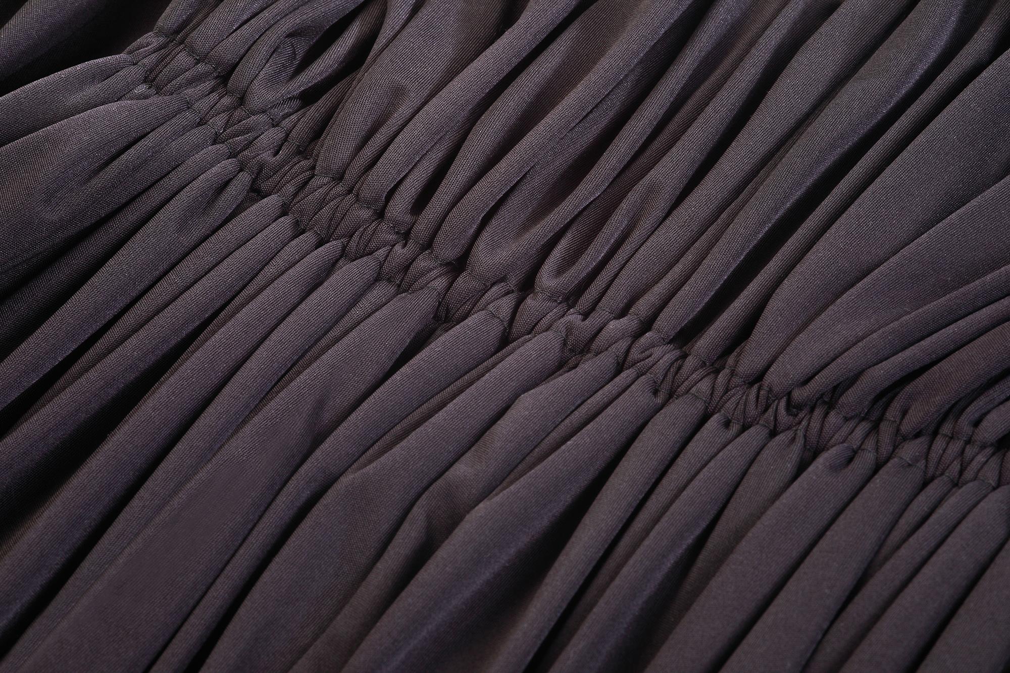 1970s Yuki For Rembrandt Draped Black Jersey Dress With Gathered Waistline 1