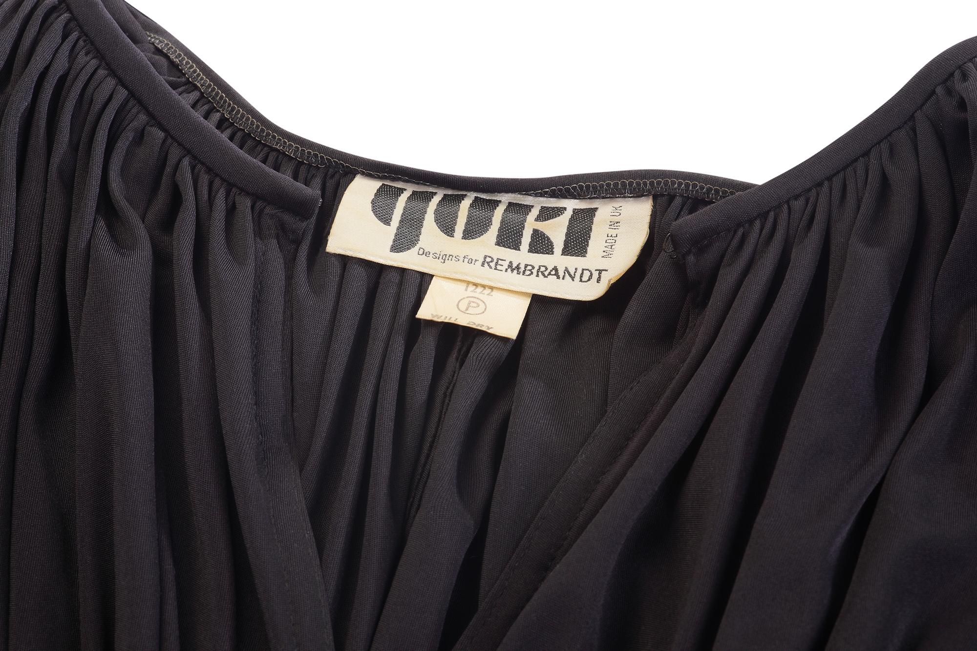 1970s Yuki For Rembrandt Draped Black Jersey Dress With Gathered Waistline 2