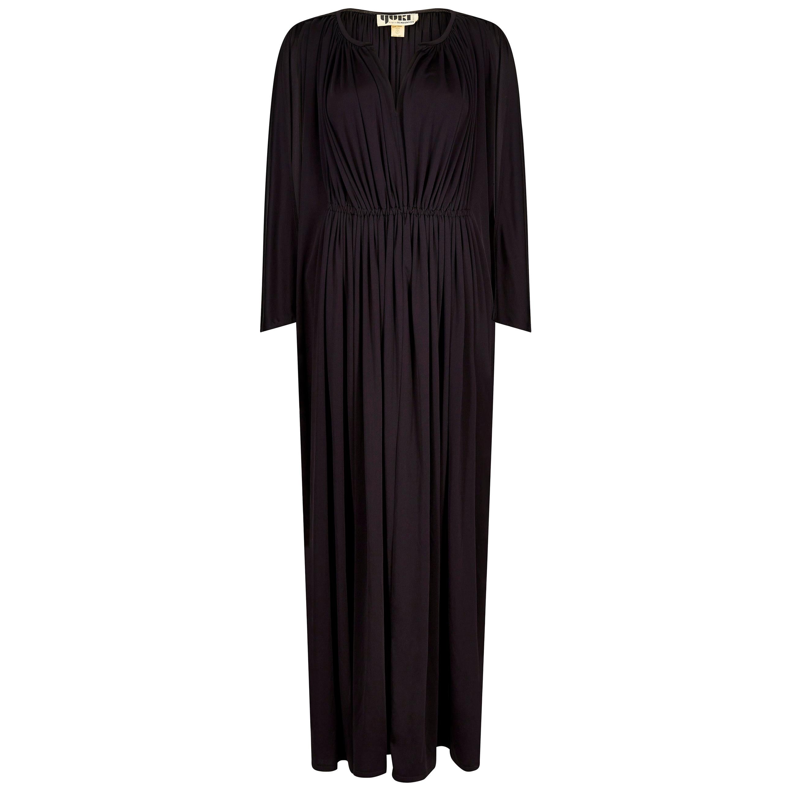 1970s Yuki For Rembrandt Draped Black Jersey Dress With Gathered Waistline