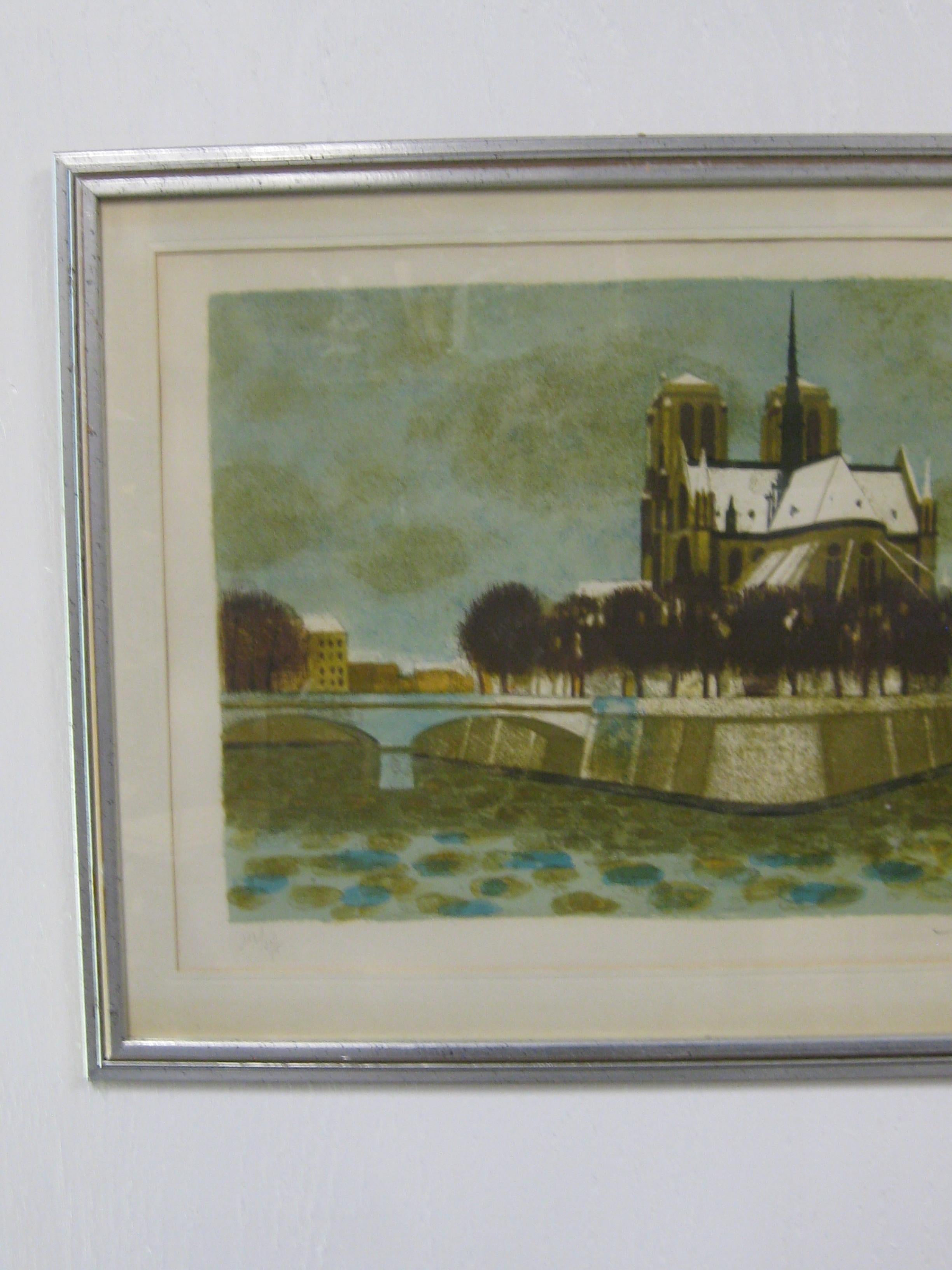 Wonderful hand signed and numbered abstract lithograph by French listed artist Yves Ganne, circa 1970's. The lithograph features Notre Dame in Paris, France. Vibrant colors. The art was sold through The collector’s Guild in New York City. Comes in