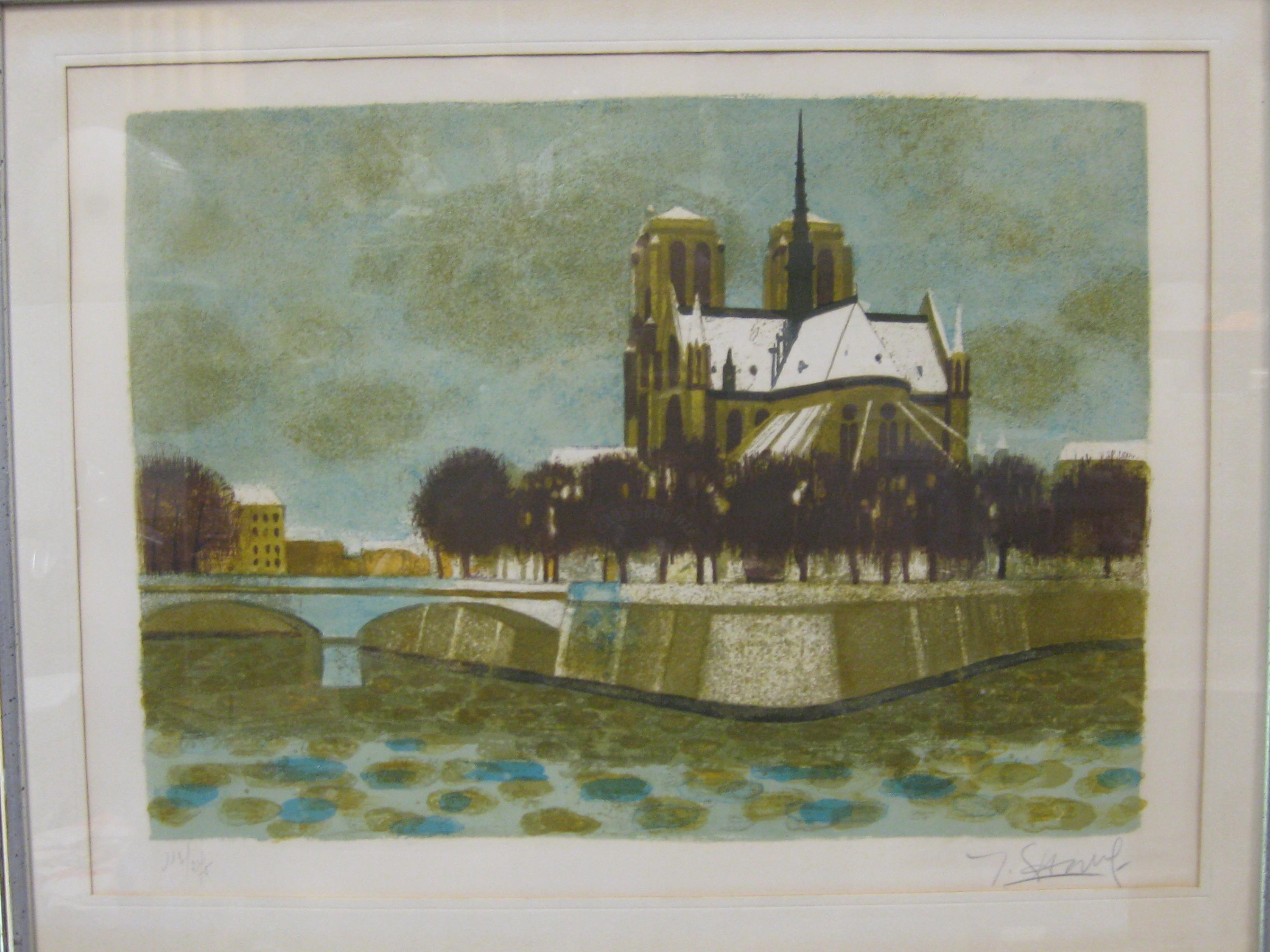 1970's, Yves Ganne Notre Dame Cathedral Paris France Lithograph Signed & Numbered In Excellent Condition For Sale In San Diego, CA
