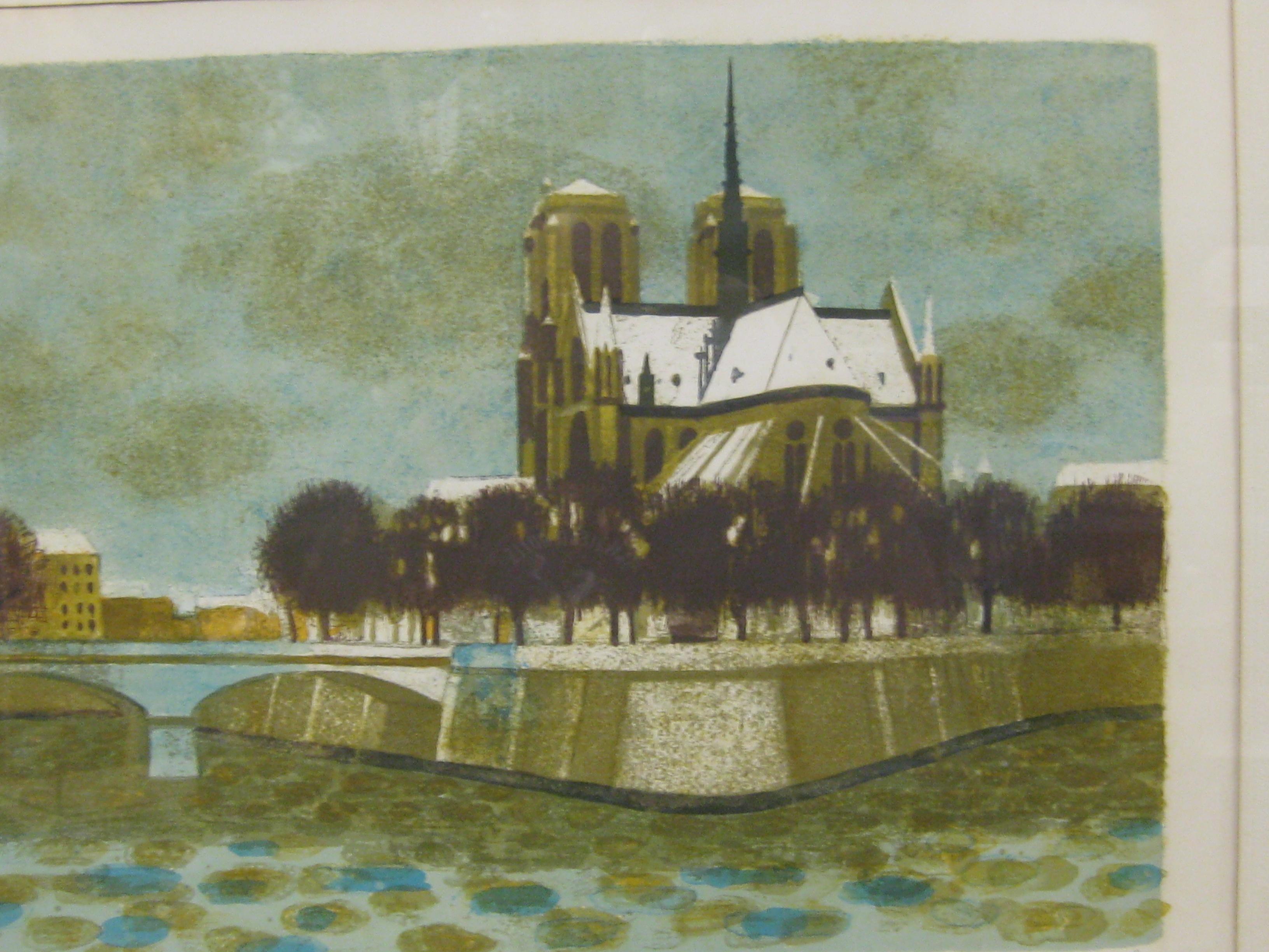 Paper 1970's, Yves Ganne Notre Dame Cathedral Paris France Lithograph Signed & Numbered For Sale