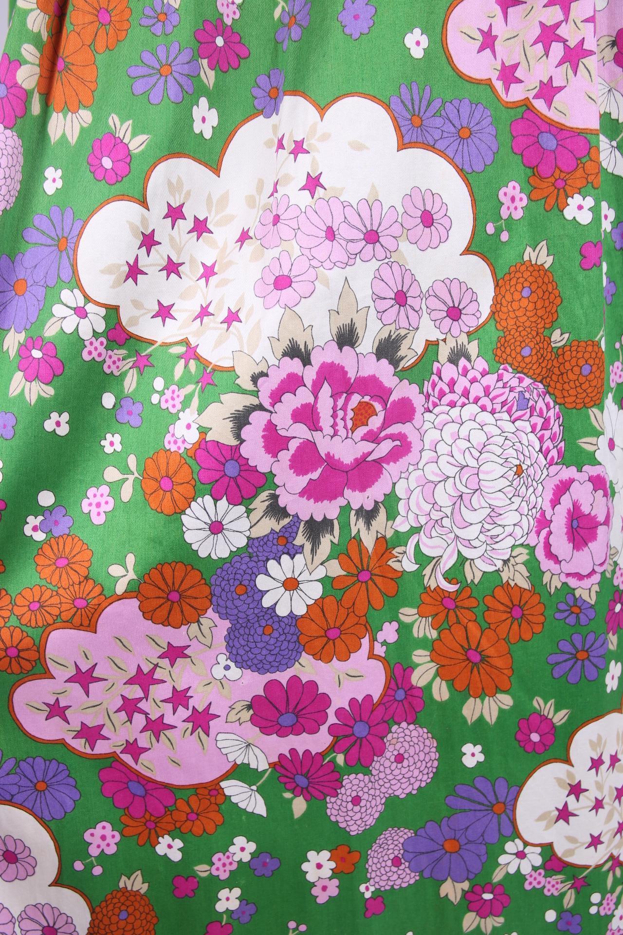 Beige 1970's Yves Saint Laurent Cotton Maxi Dress w/Multicolored Floral & Star Print For Sale