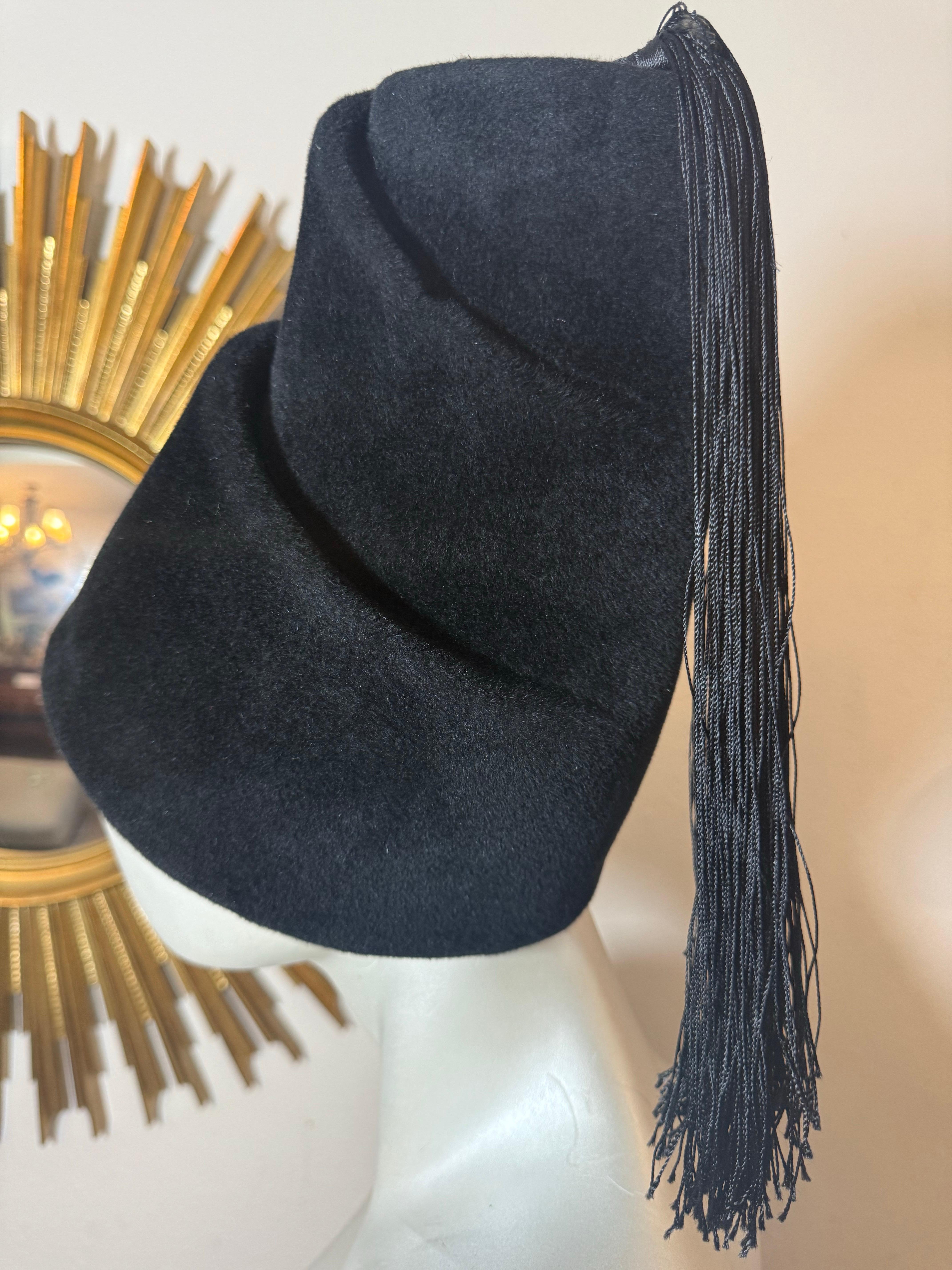 Black 1970s Yves Saint Laurent Avante Gard Turkish-Inspired Spiral Toque w Tassel For Sale