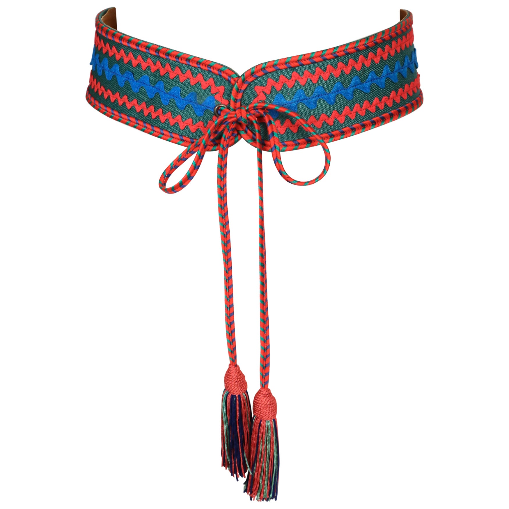 1977 YVES SAINT LAURENT RUNWAY belt with ric-rac accents, long ties and tassels For Sale