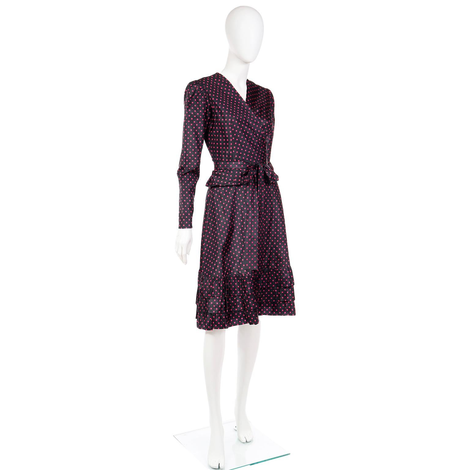 1970s Yves Saint Laurent Black 2pc Taffeta Dress w Pink Polka Dots w Skirt & Top In Good Condition For Sale In Portland, OR