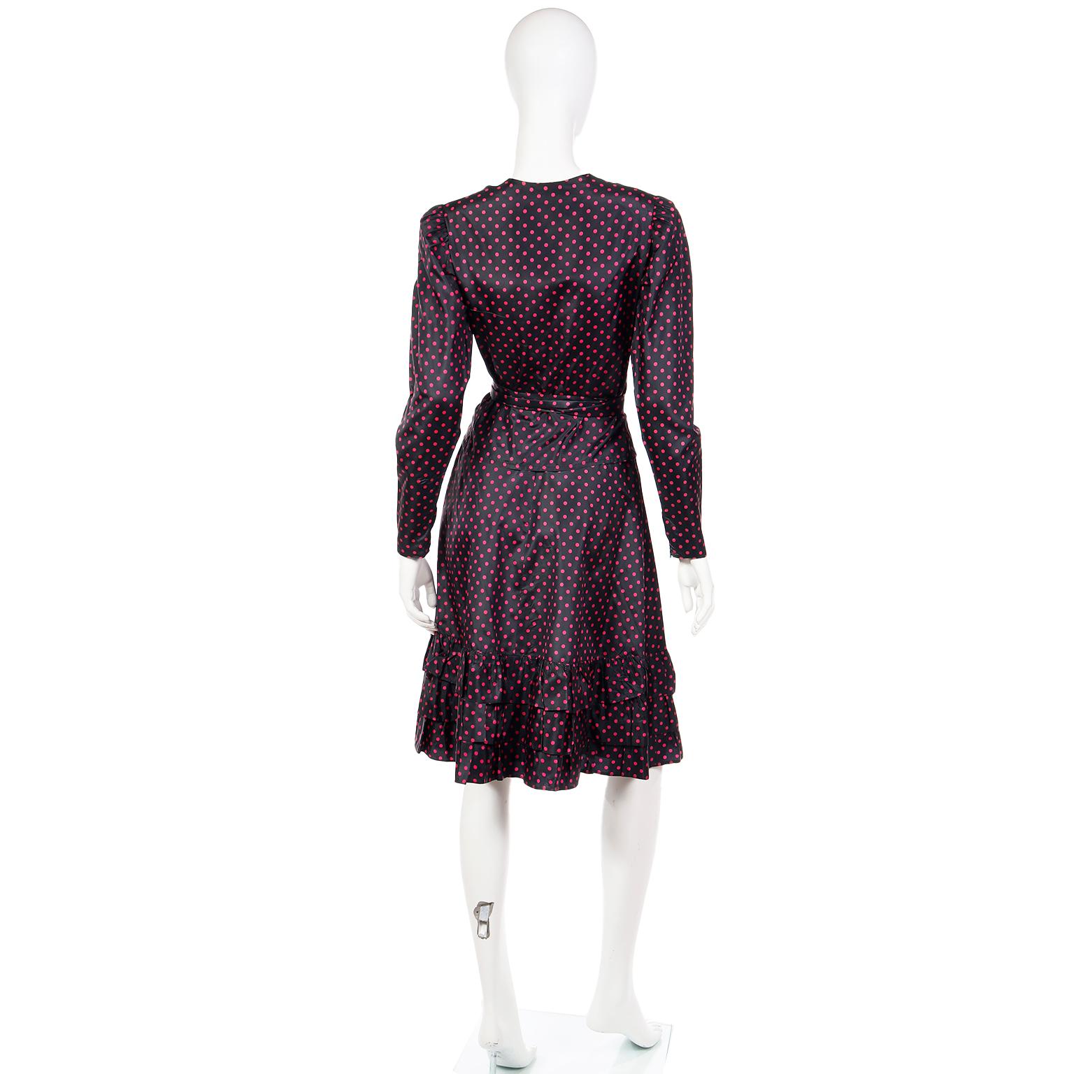 Women's 1970s Yves Saint Laurent Black 2pc Taffeta Dress w Pink Polka Dots w Skirt & Top For Sale