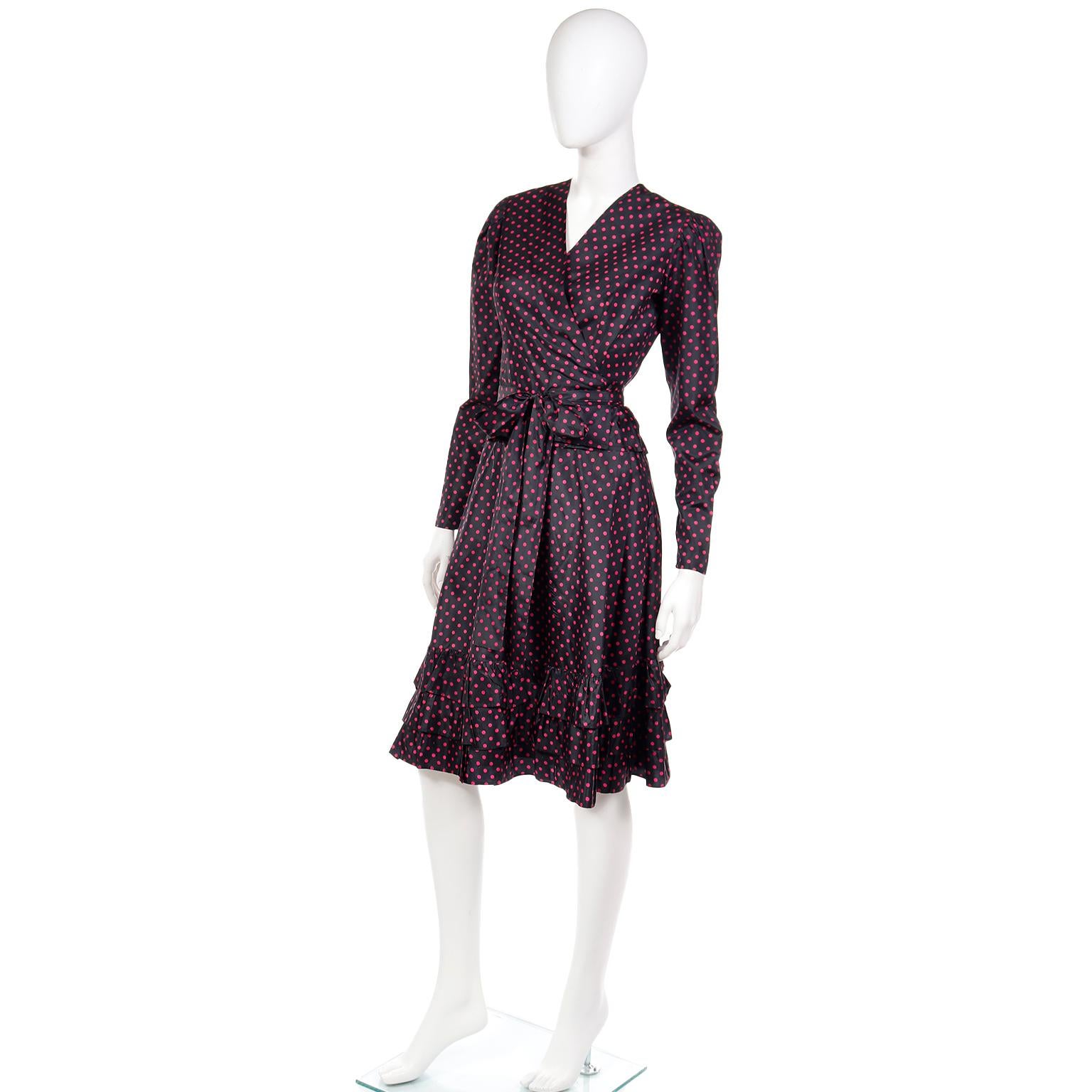 1970s Yves Saint Laurent Black 2pc Taffeta Dress w Pink Polka Dots w Skirt & Top For Sale 1