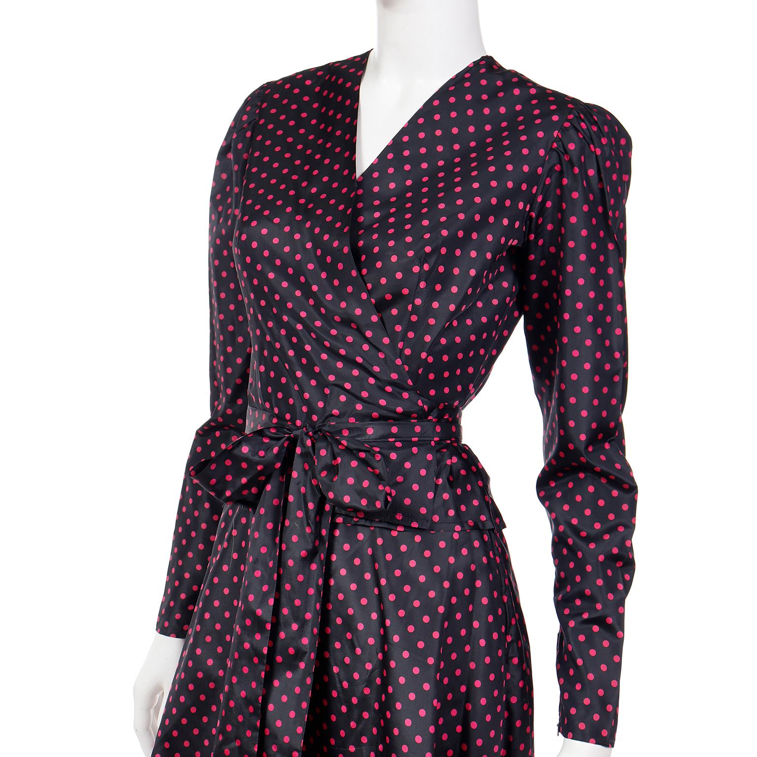 1970s Yves Saint Laurent Black 2pc Taffeta Dress w Pink Polka Dots w Skirt & Top For Sale 2