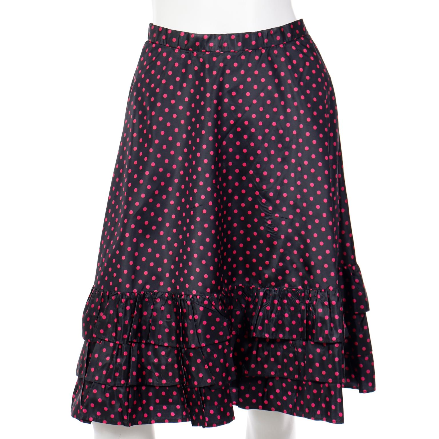 1970s Yves Saint Laurent Black 2pc Taffeta Dress w Pink Polka Dots w Skirt & Top For Sale 3