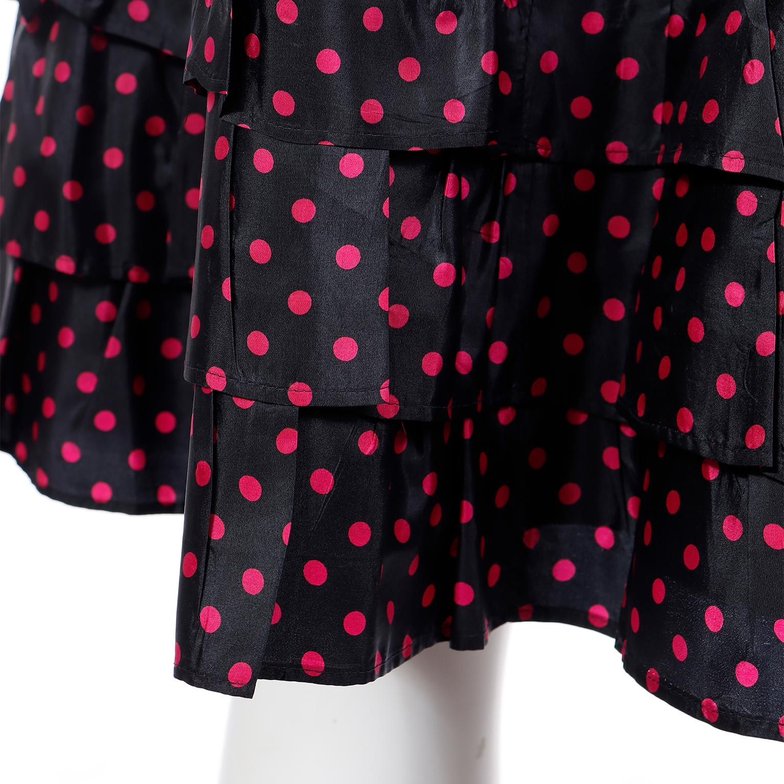 1970s Yves Saint Laurent Black 2pc Taffeta Dress w Pink Polka Dots w Skirt & Top For Sale 4