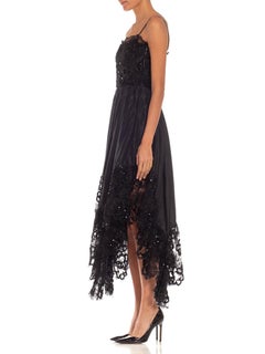 1970S YVES SAINT LAURENT Black Sequined Chiffon & Lace Dress