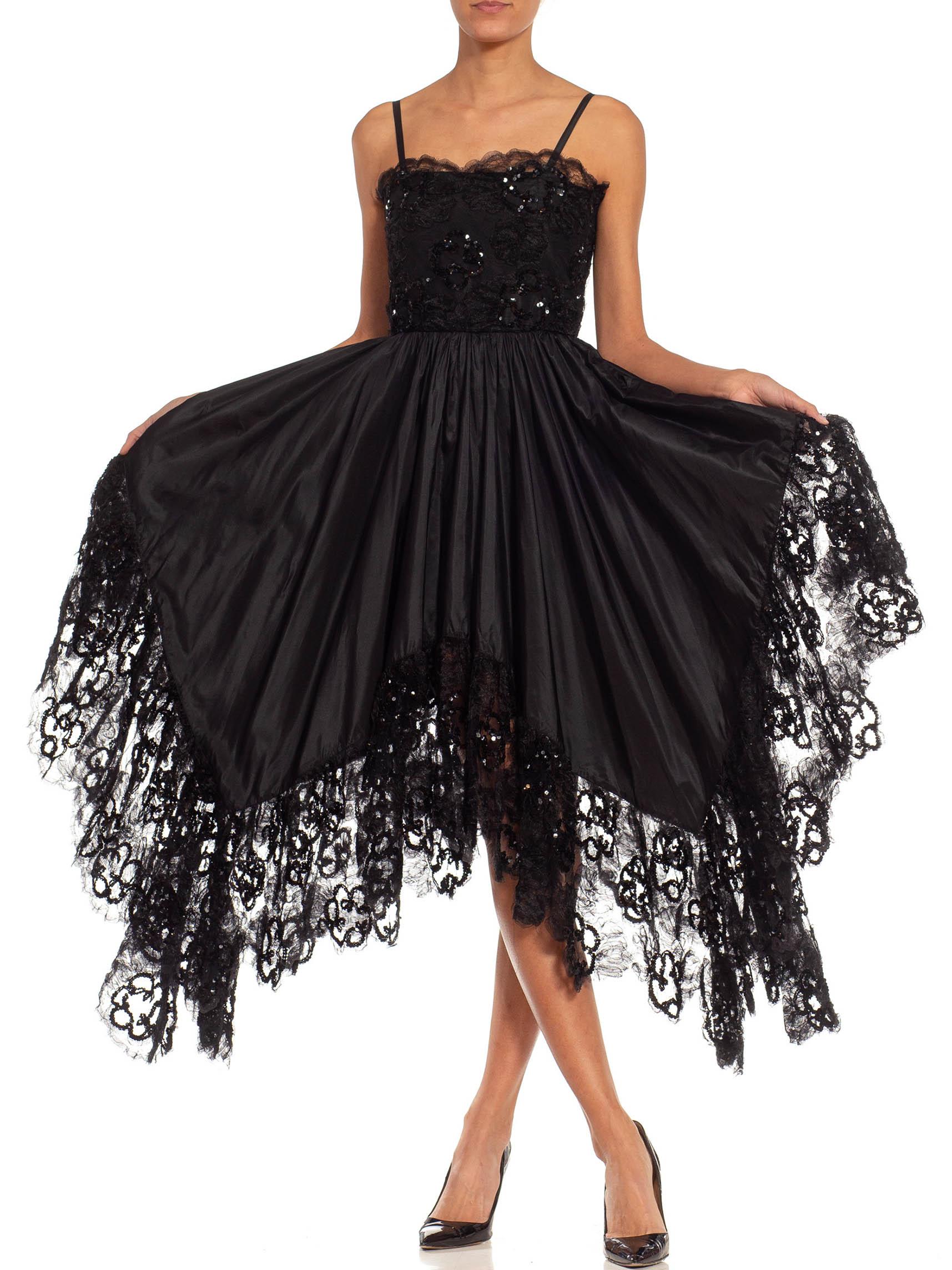 1970S YVES SAINT LAURENT Black Sequined Chiffon & Lace Dress For Sale 2