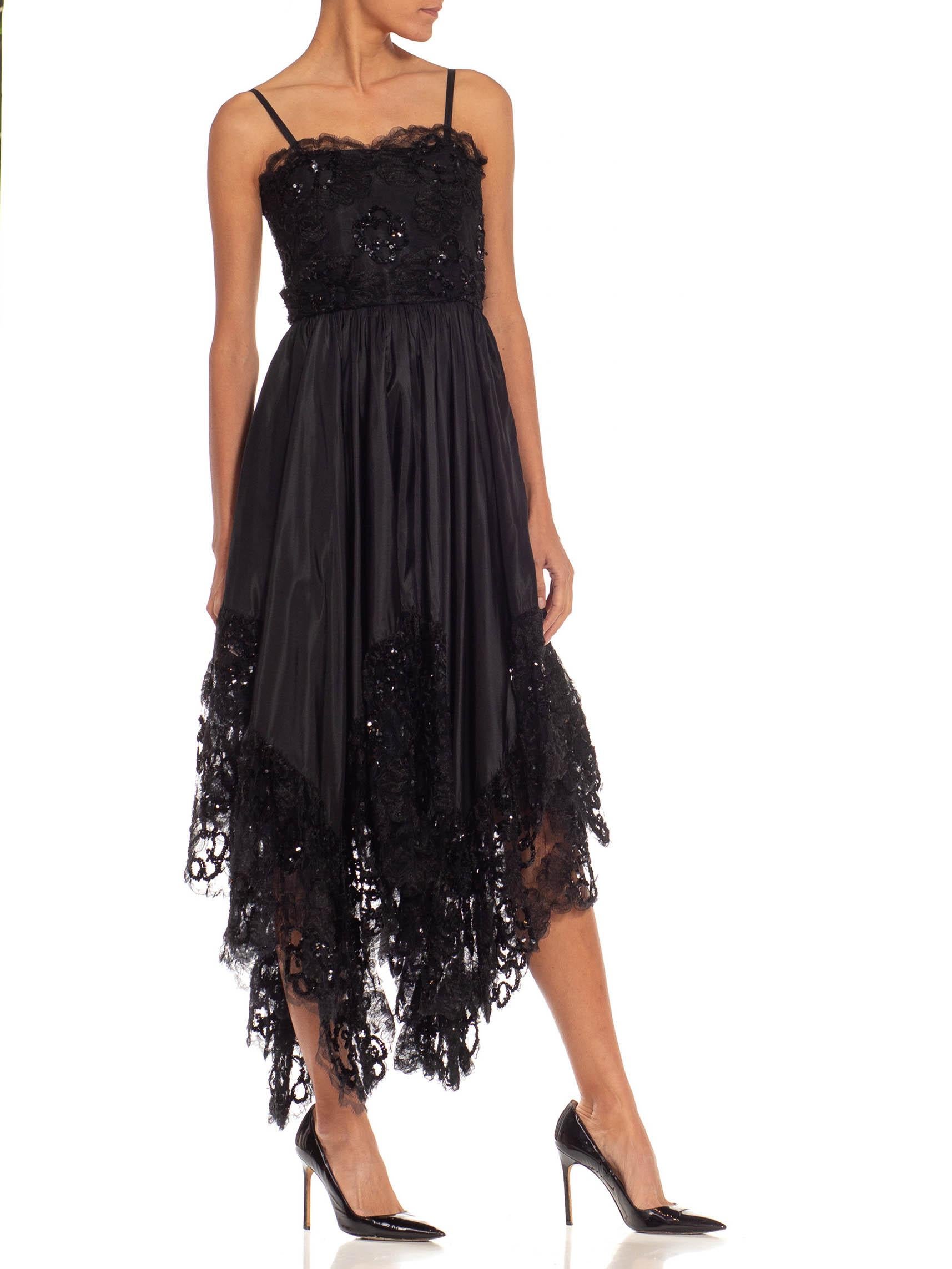 1970S YVES SAINT LAURENT Black Sequined Chiffon & Lace Dress For Sale 4