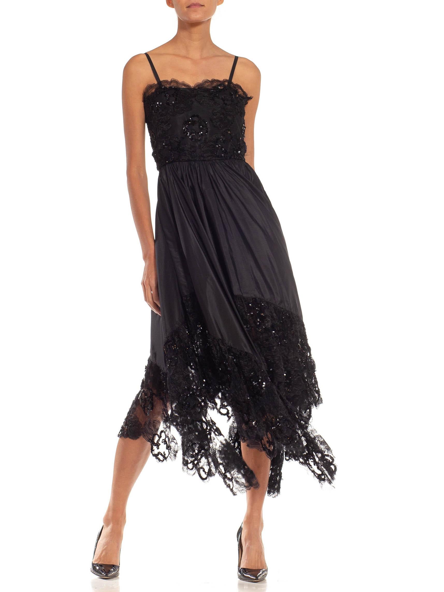1970S YVES SAINT LAURENT Black Sequined Chiffon & Lace Dress For Sale 6