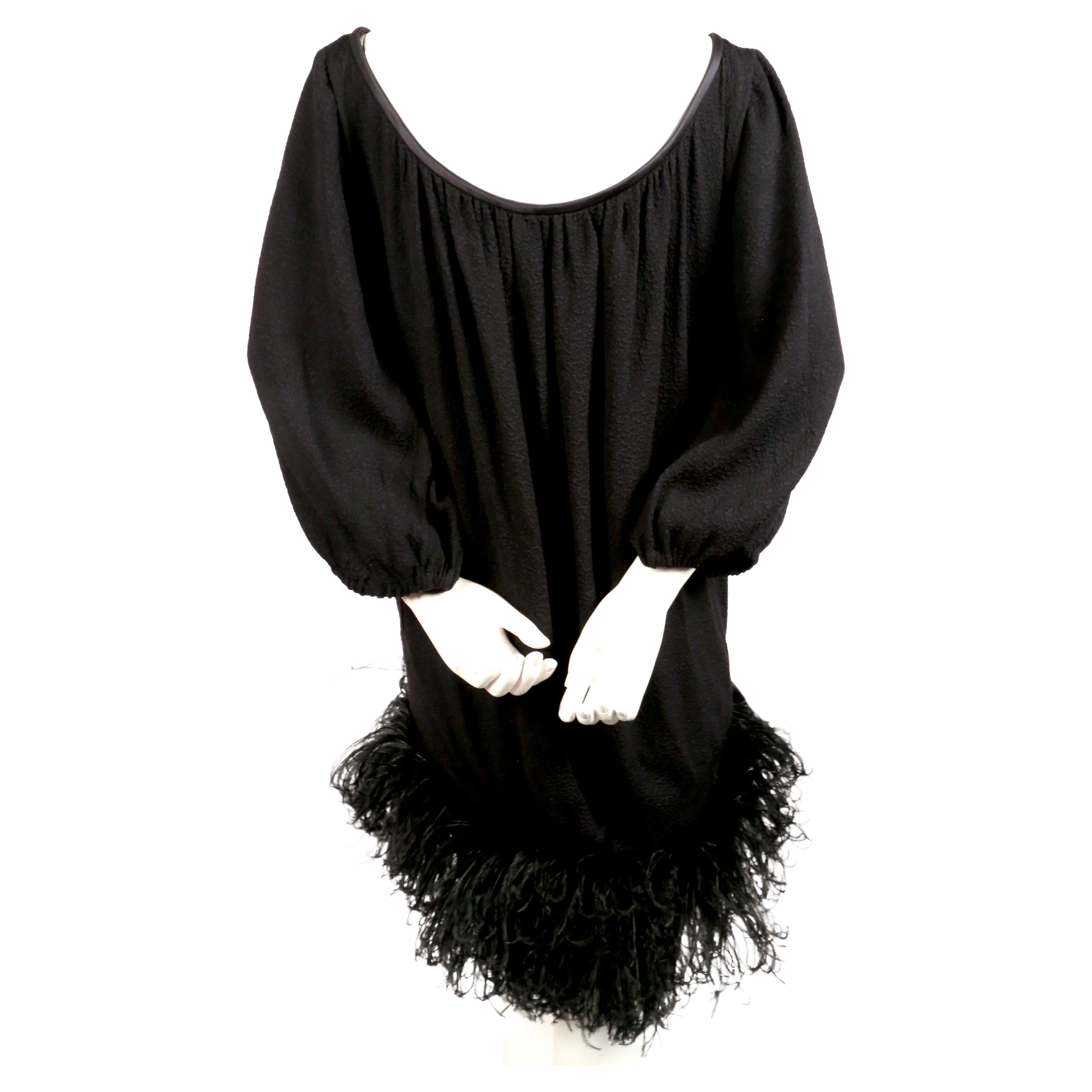 1970's YVES SAINT LAURENT Black Silk Dress with Marabou Feather Trim In Good Condition For Sale In San Fransisco, CA