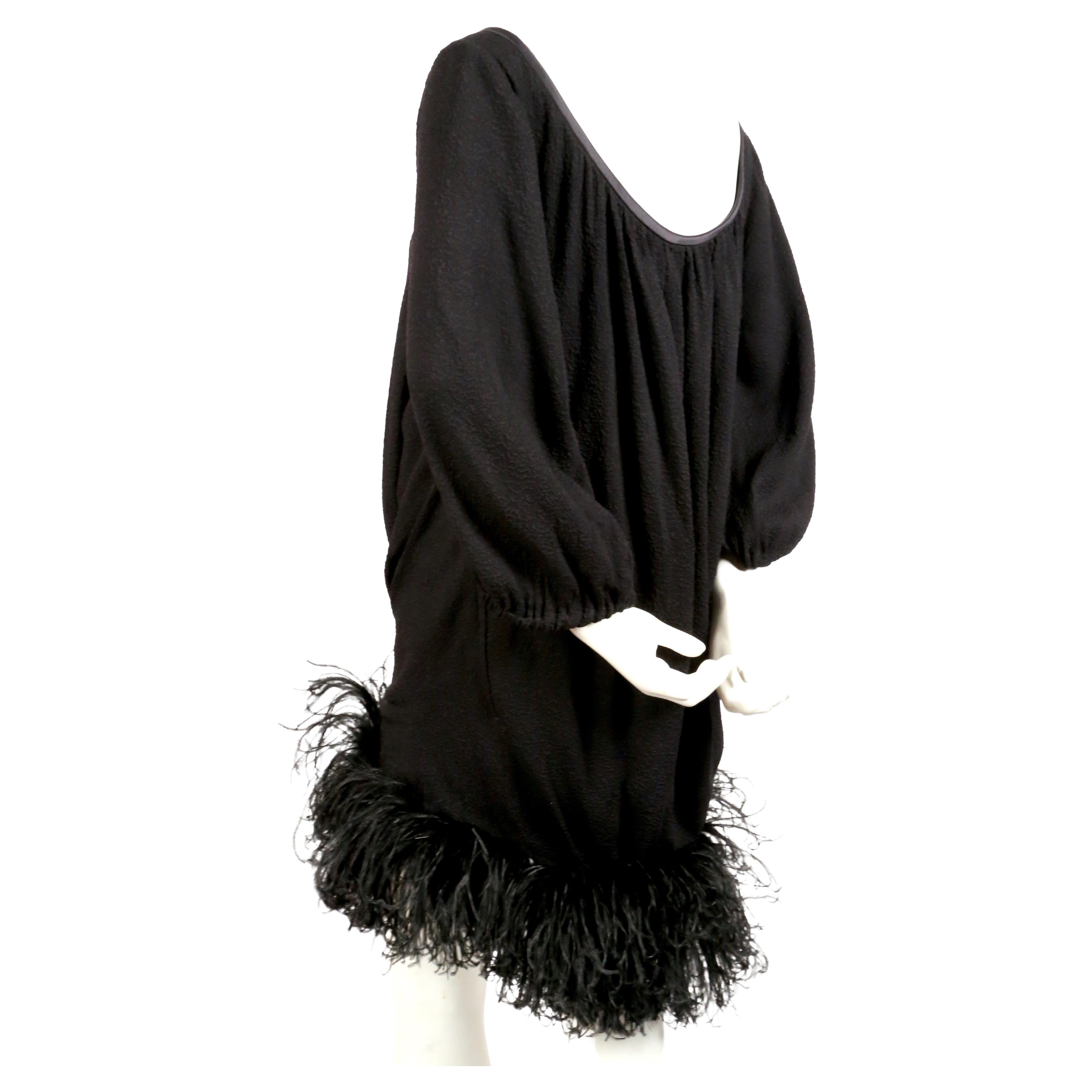 Women's 1970's YVES SAINT LAURENT Black Silk Dress with Marabou Feather Trim For Sale
