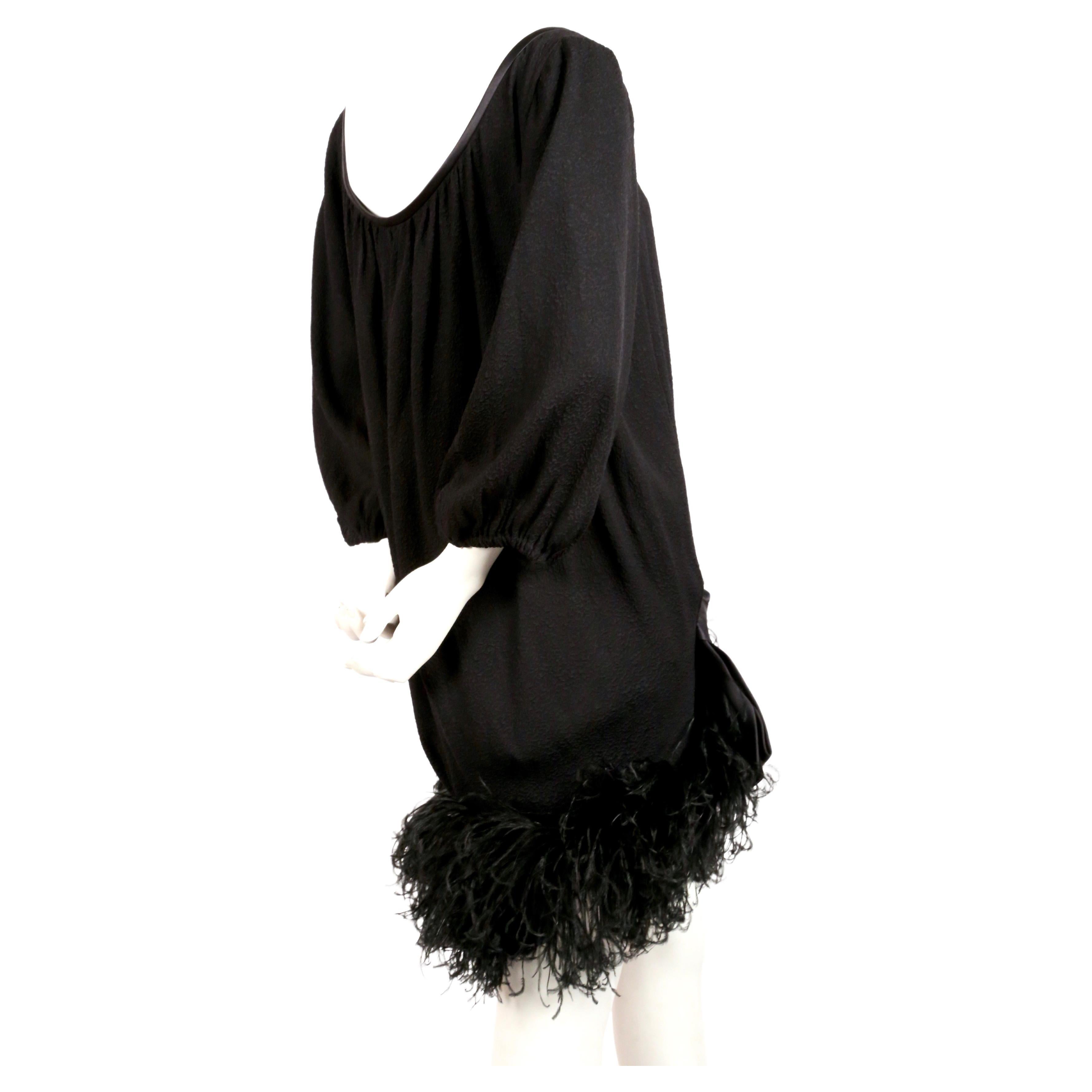 1970's YVES SAINT LAURENT Black Silk Dress with Marabou Feather Trim For Sale 1