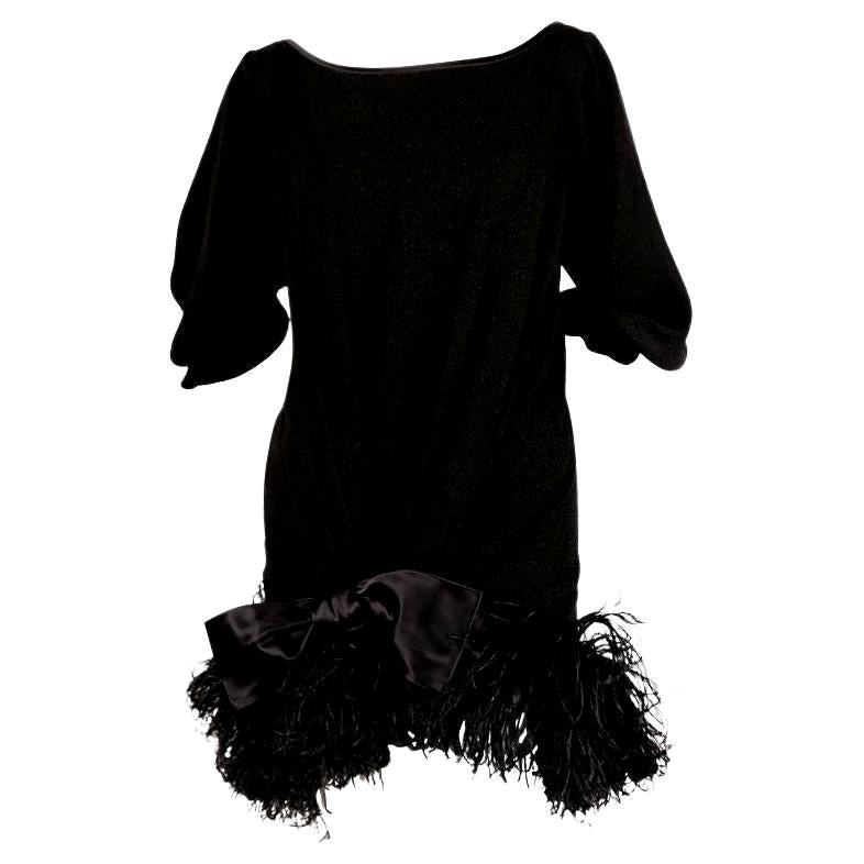 1970's YVES SAINT LAURENT Black Silk Dress with Marabou Feather Trim For Sale