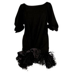 1970's YVES SAINT LAURENT Black Silk Dress with Marabou Feather Trim