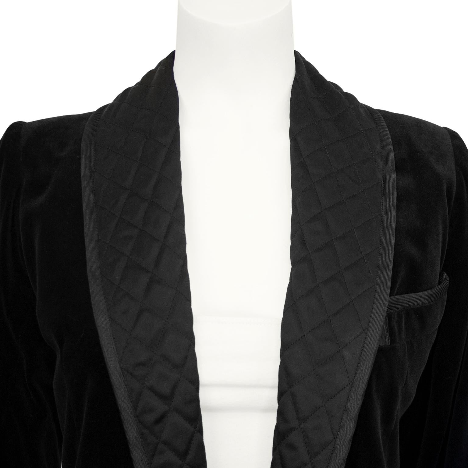 Women's 1970s Yves Saint Laurent Black Velvet and Quilted Smoking Jacket For Sale
