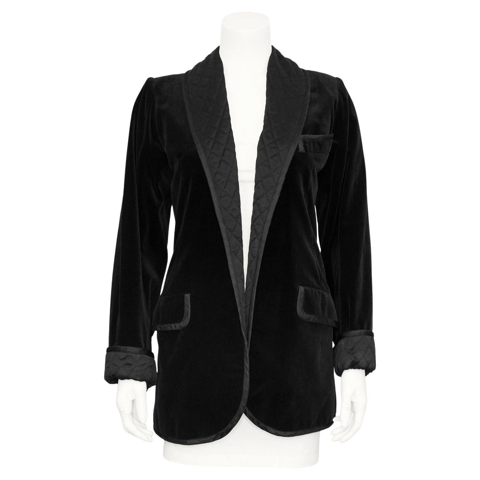 1970s Yves Saint Laurent Black Velvet and Quilted Smoking Jacket For Sale