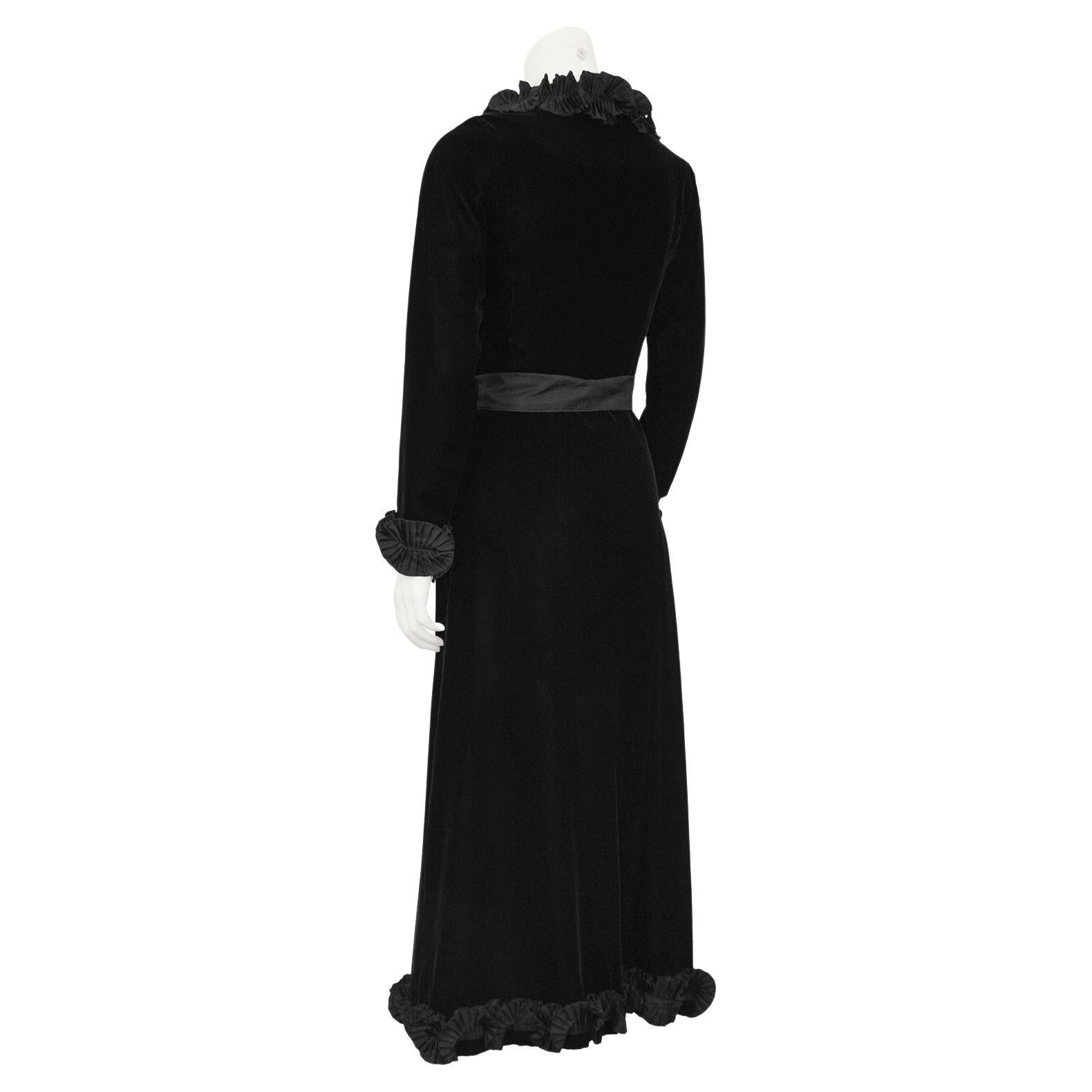 1970s Yves Saint Laurent Black Velvet Wrap Evening Dress with Ruffle Trim  In Good Condition For Sale In Toronto, Ontario