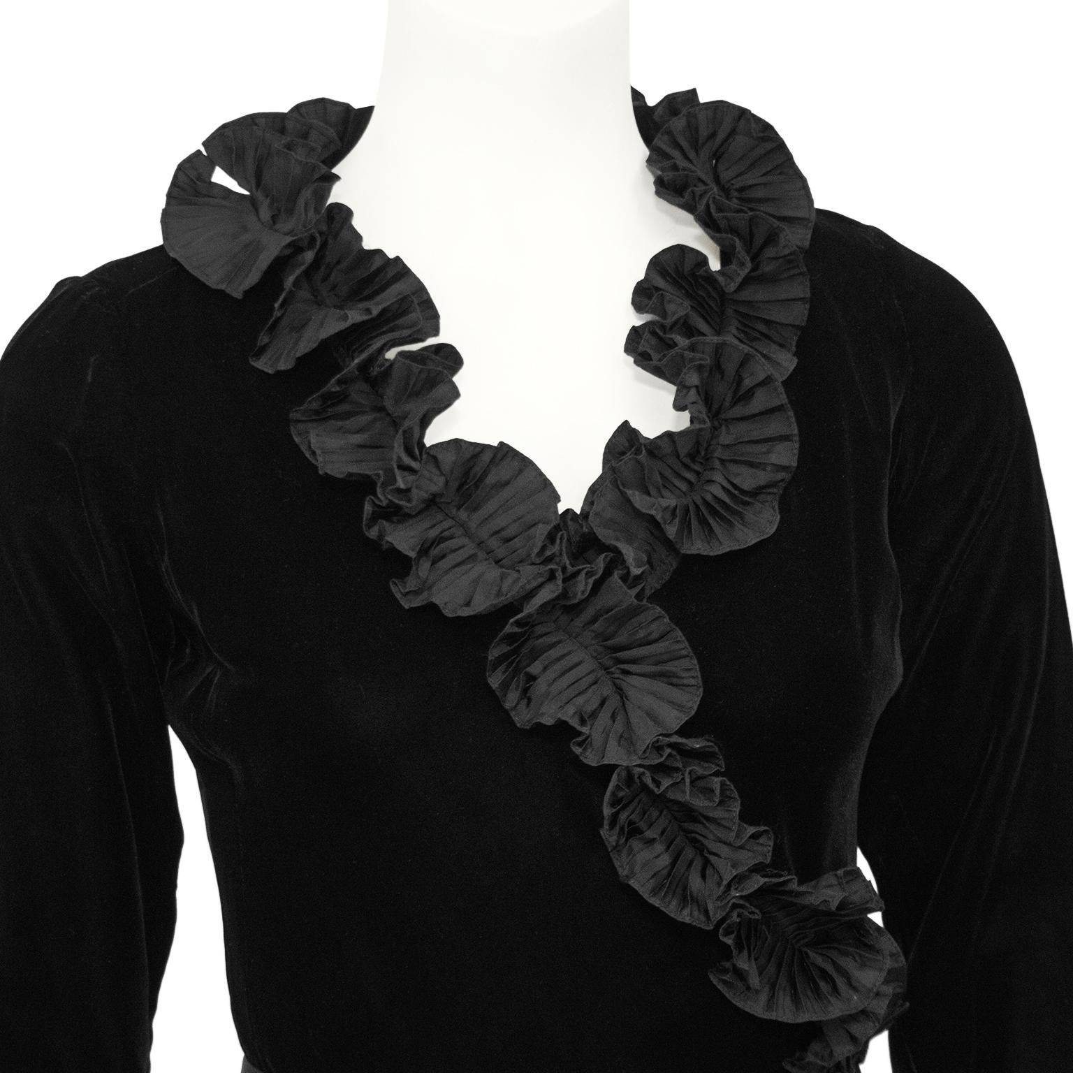 Women's 1970s Yves Saint Laurent Black Velvet Wrap Evening Dress with Ruffle Trim  For Sale