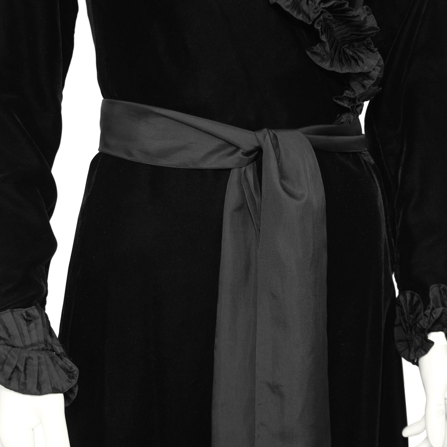 1970s Yves Saint Laurent Black Velvet Wrap Evening Dress with Ruffle Trim  For Sale 1