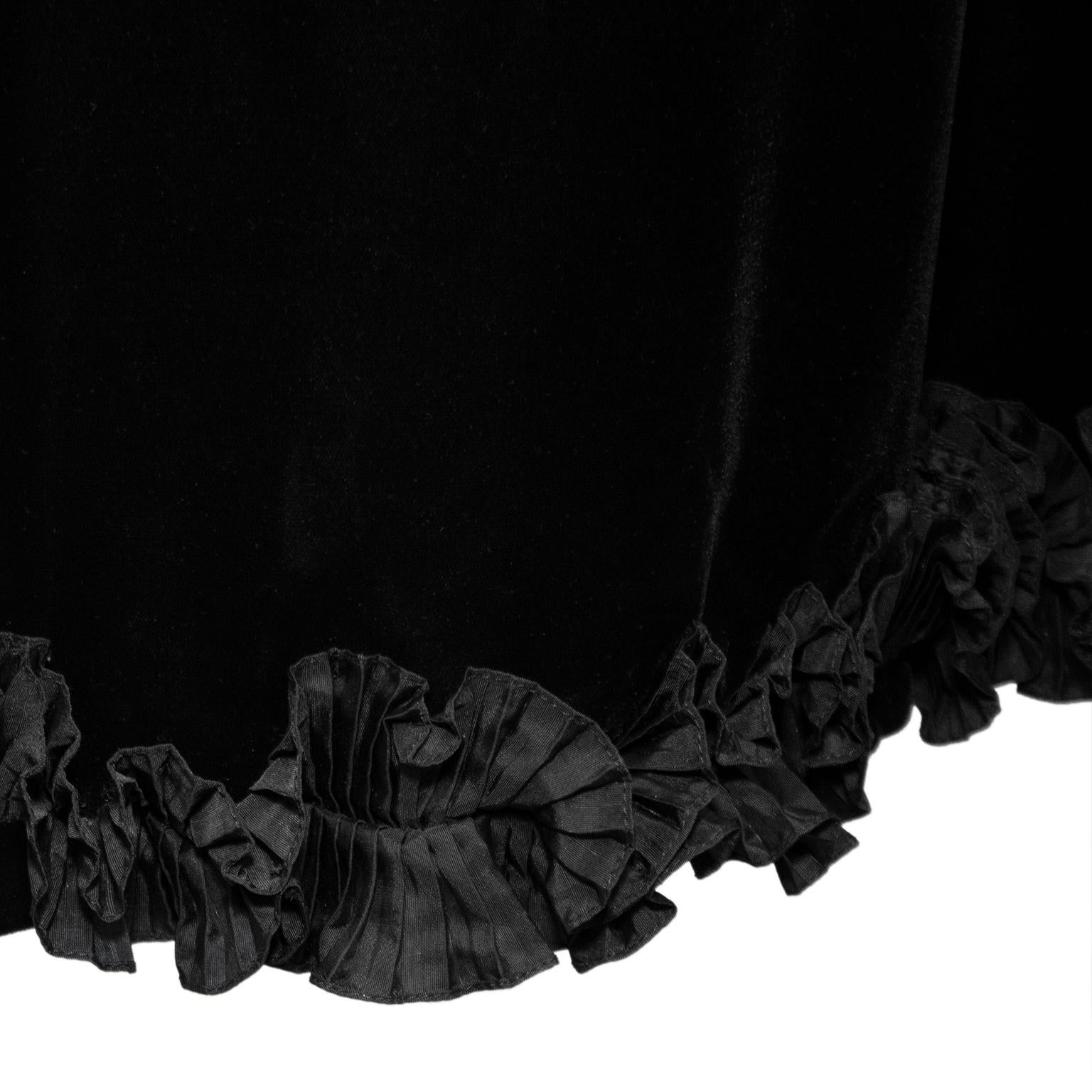 1970s Yves Saint Laurent Black Velvet Wrap Evening Dress with Ruffle Trim  For Sale 2