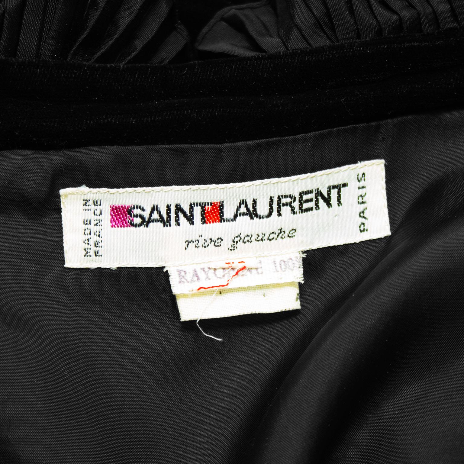 1970s Yves Saint Laurent Black Velvet Wrap Evening Dress with Ruffle Trim  For Sale 3