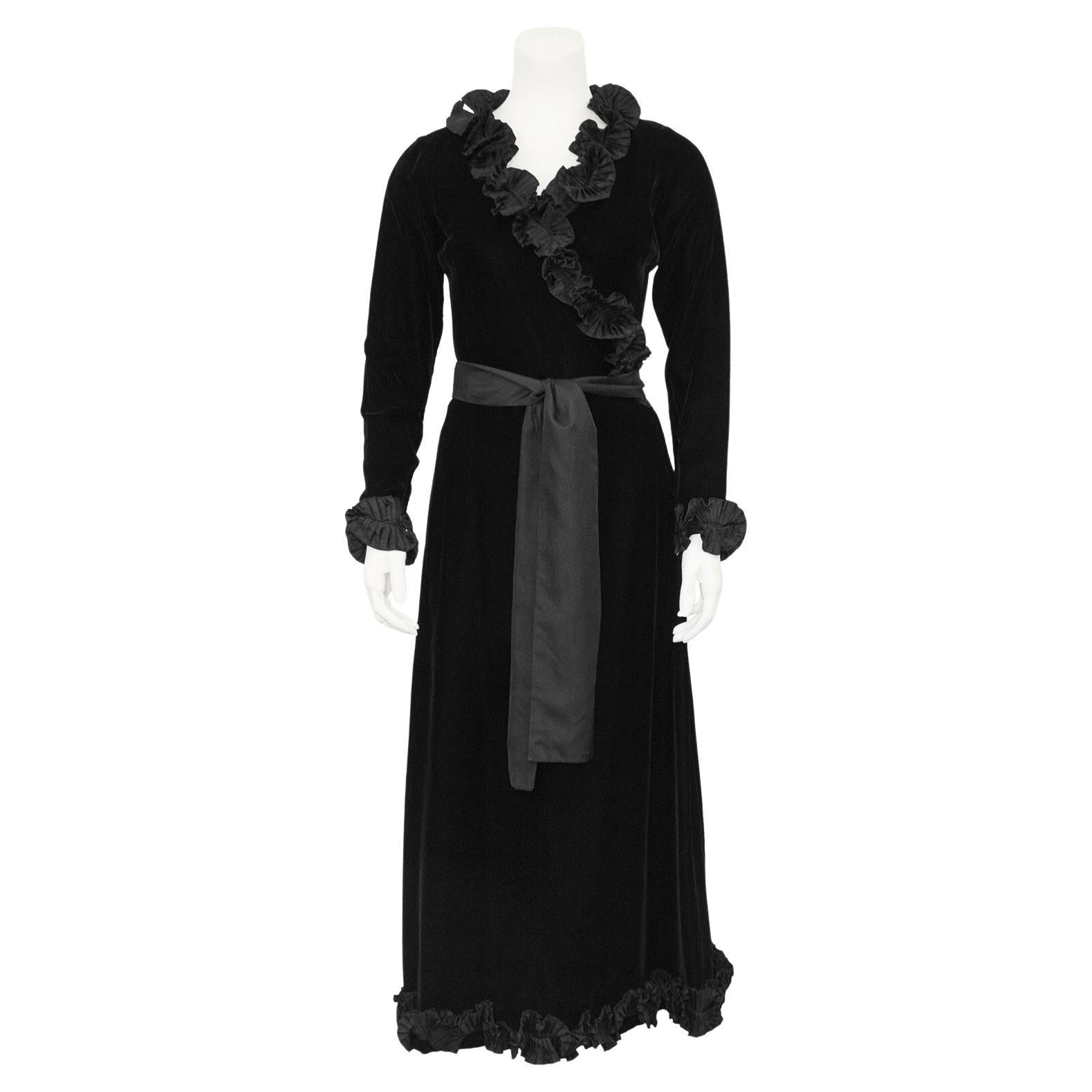1970s Yves Saint Laurent Black Velvet Wrap Evening Dress with Ruffle Trim  For Sale