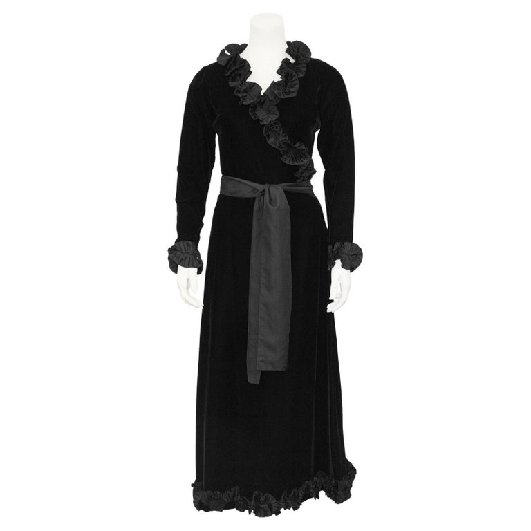 1970s Yves Saint Laurent Black Velvet Wrap Evening Dress with Ruffle Trim  For Sale at 1stDibs