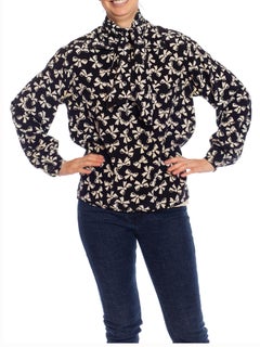 1970S YVES SAINT LAURENT Black & White Famous Bow Print Long Sleeve Blouse
