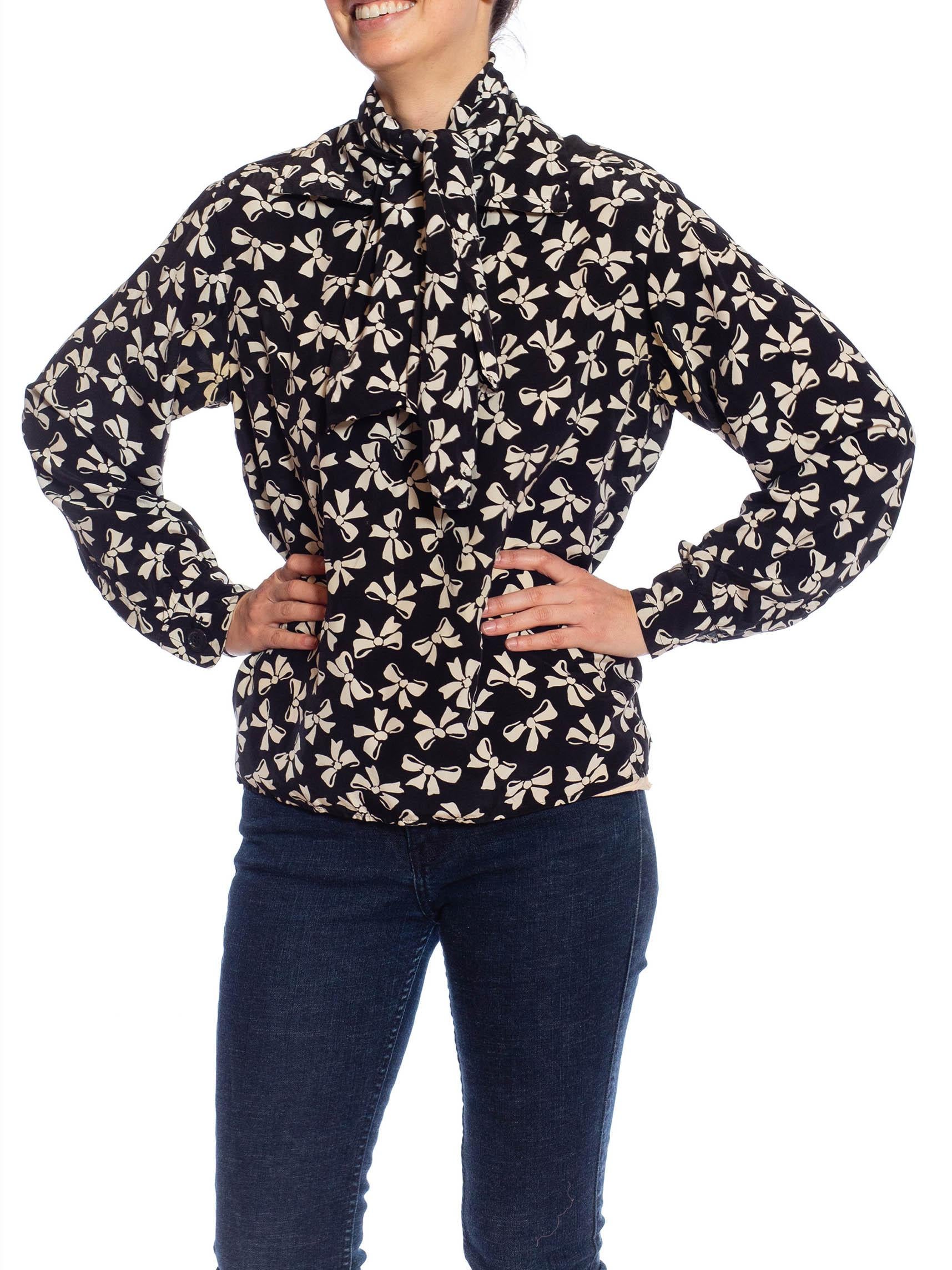 1970S YVES SAINT LAURENT Black & White Famous Bow Print Long Sleeve Blouse In Excellent Condition For Sale In New York, NY